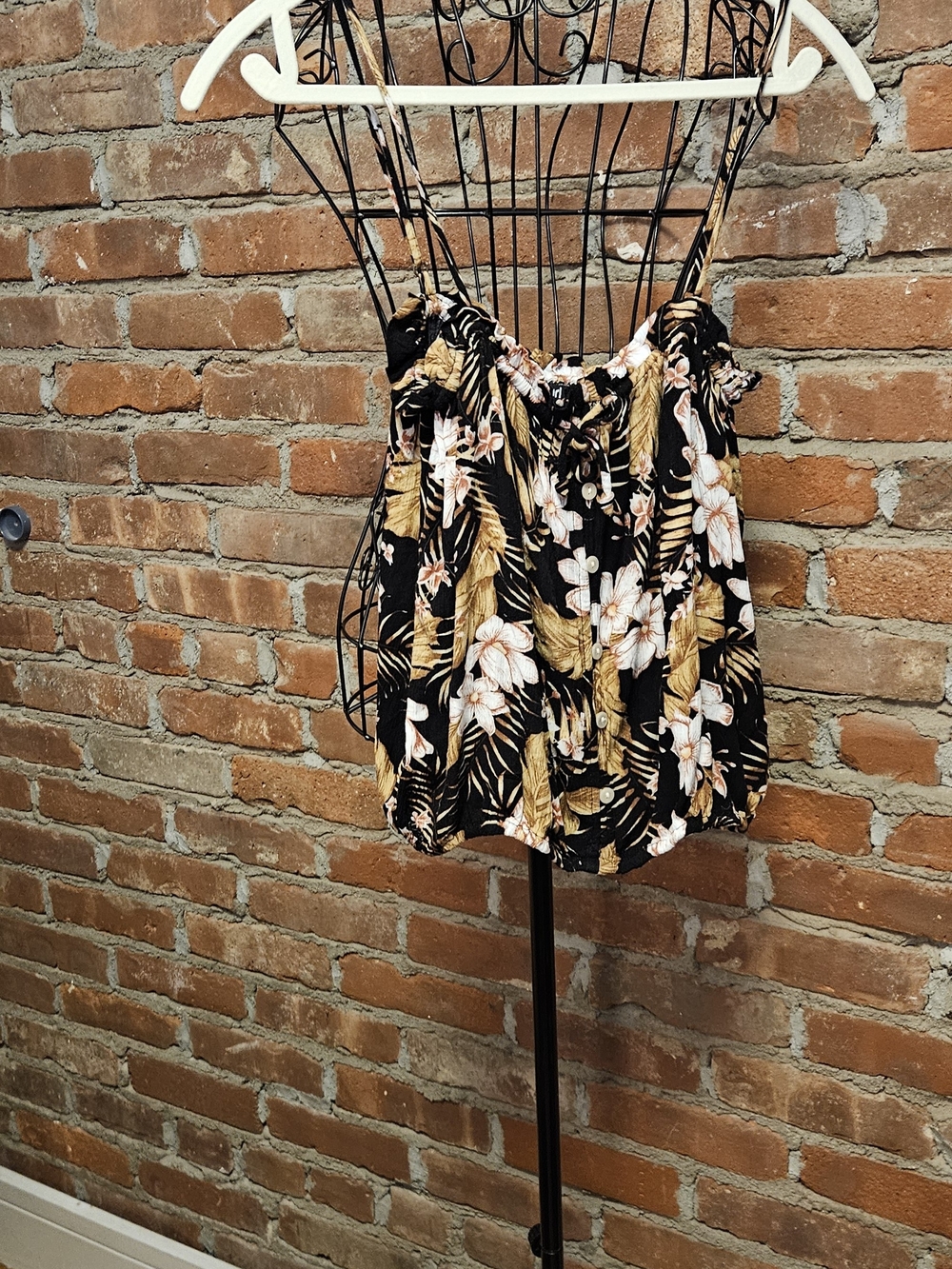 Rip Curl Black Floral Camisole with Gold Leaf Print